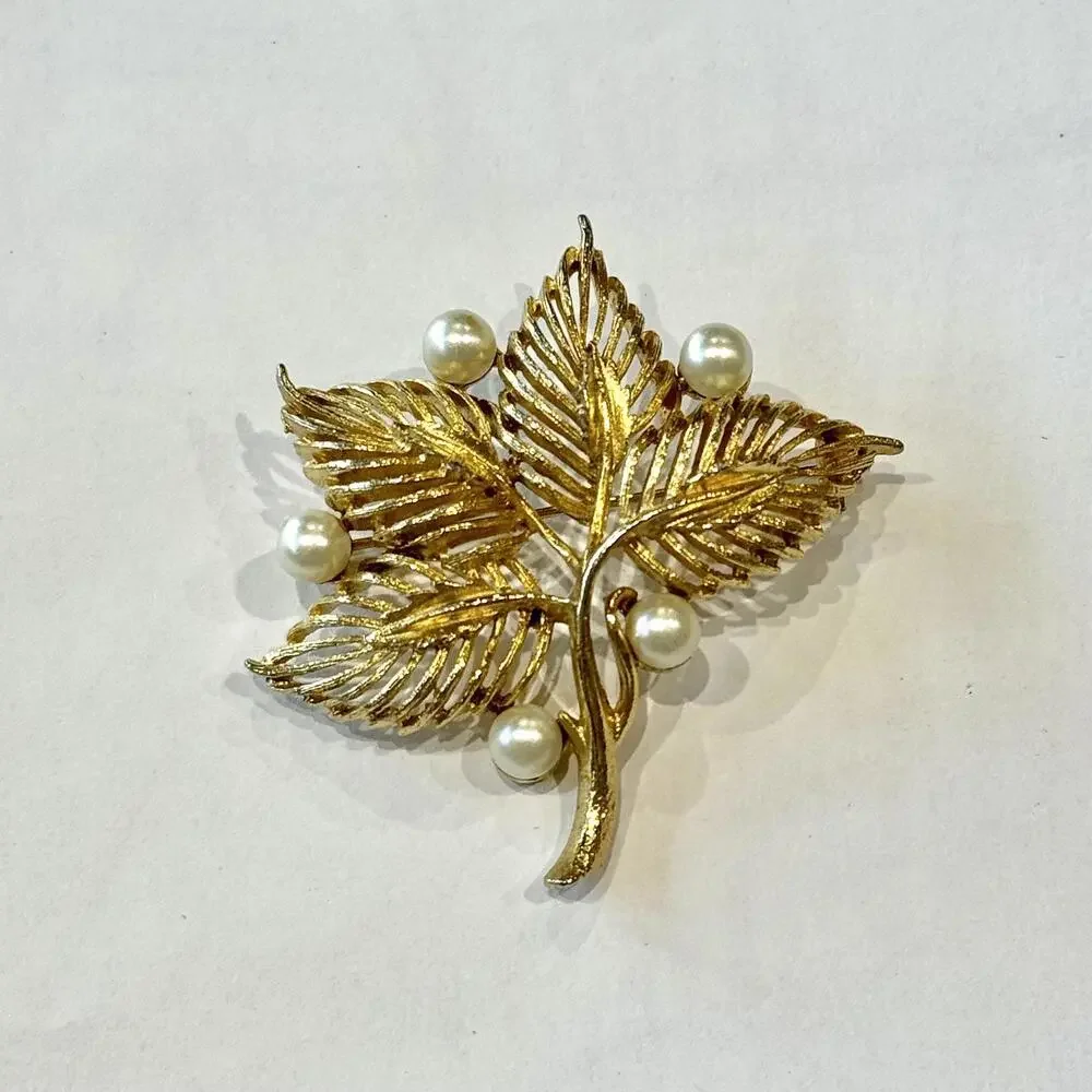 Vintage Gold Pearl Leaf Brooch‎ Pin Jewelry Shawl Bag